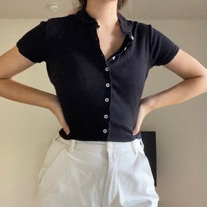 Brandy Melville Black Caroline Collared Button Down Polo Top